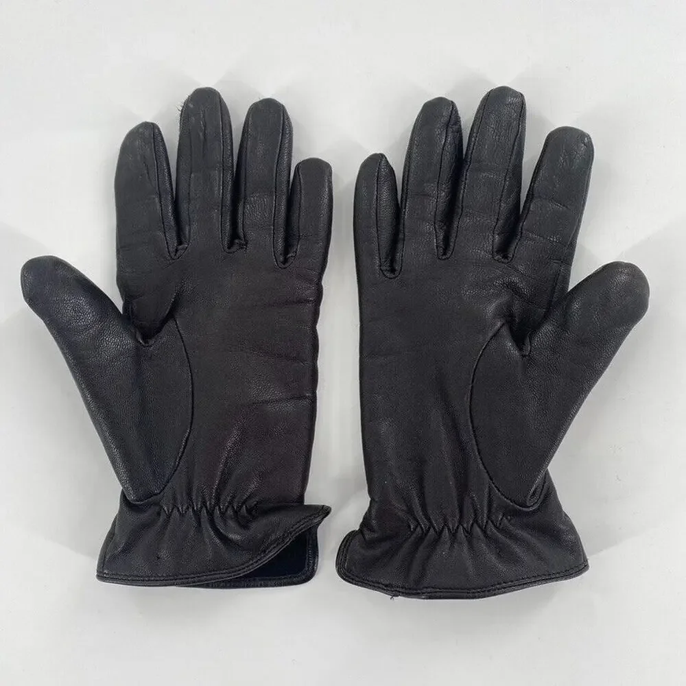 Vintage Womens Leather Gloves Sz L Black Fleece Lined‎ Gathered Wrist